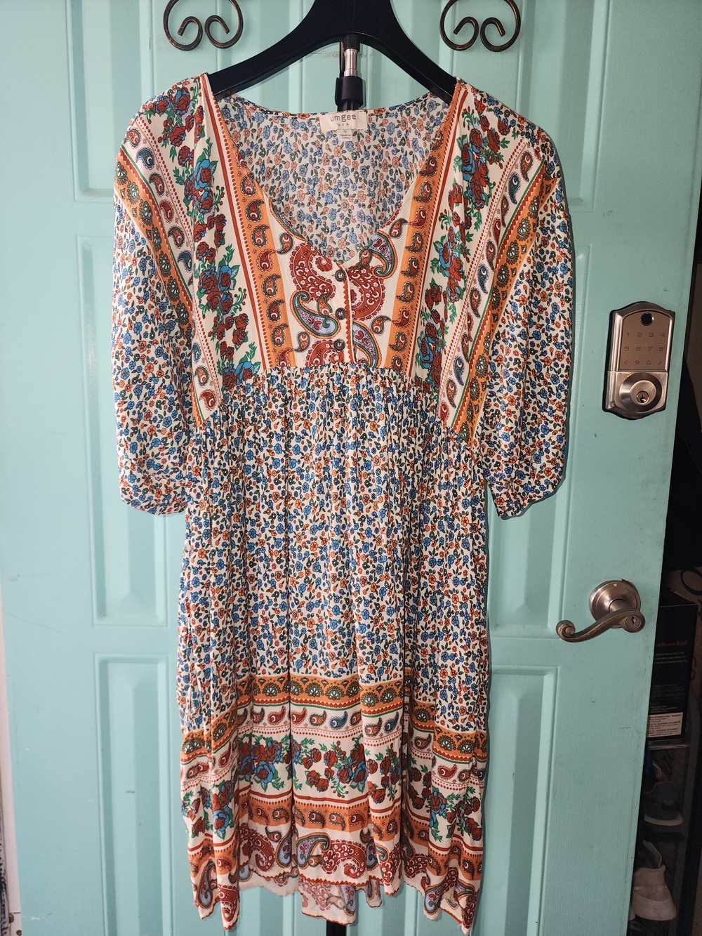 Umgee Floral Paisley Midi Dress in Cream, Orange and Teal